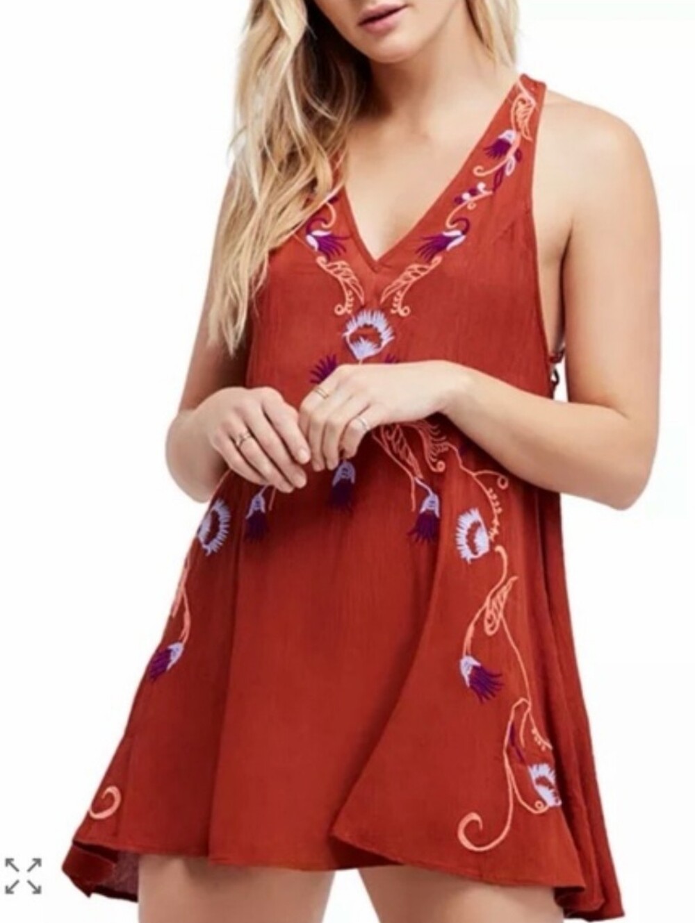 Free People Rust Red Embroidered V-Neck Mini Dress